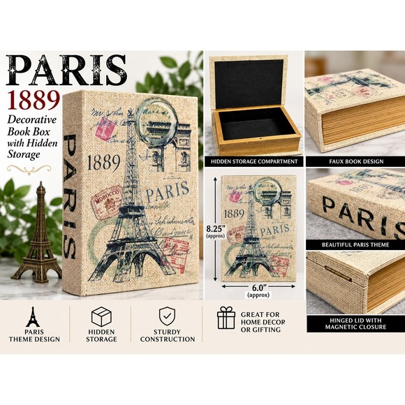 Other - Paris 1889 Decorative Book Box Hidden Storage Eiffel Tower Faux Book Decor 8in